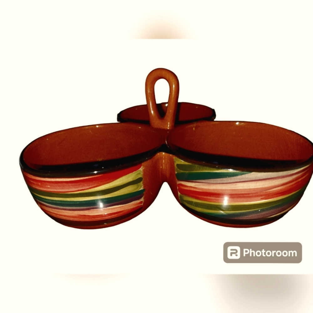 Striped 3 Bowl Condiment, Salsa Server Ceramic by Crate and Barrel
